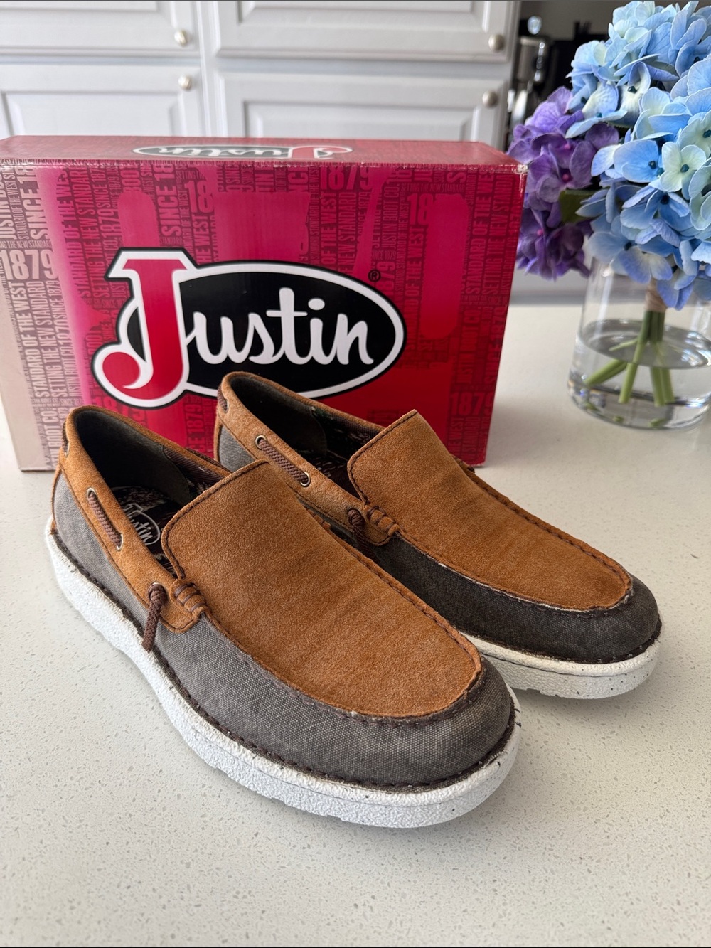 Justin Boots Two-Tone camel color sueded leather and Gray camo Slip-On Loafers.